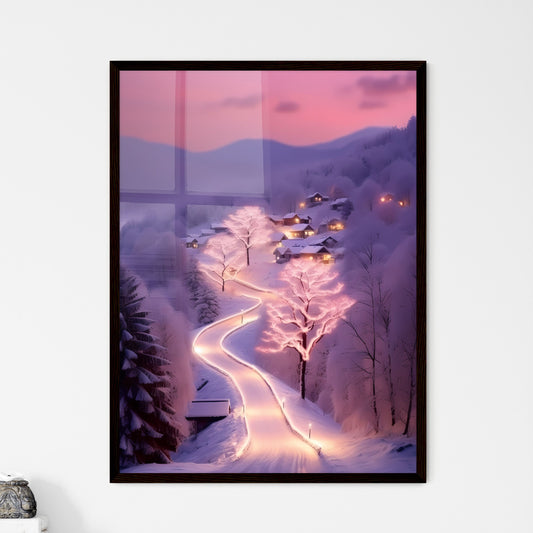A Poster of beautiful snow scene, pink snow - A Road In The Snow With Houses And Trees Default Title