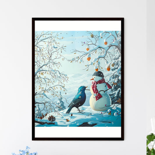 A Poster of snowmen with red scarfs - A Snowman And A Bird In A Snowy Forest Default Title
