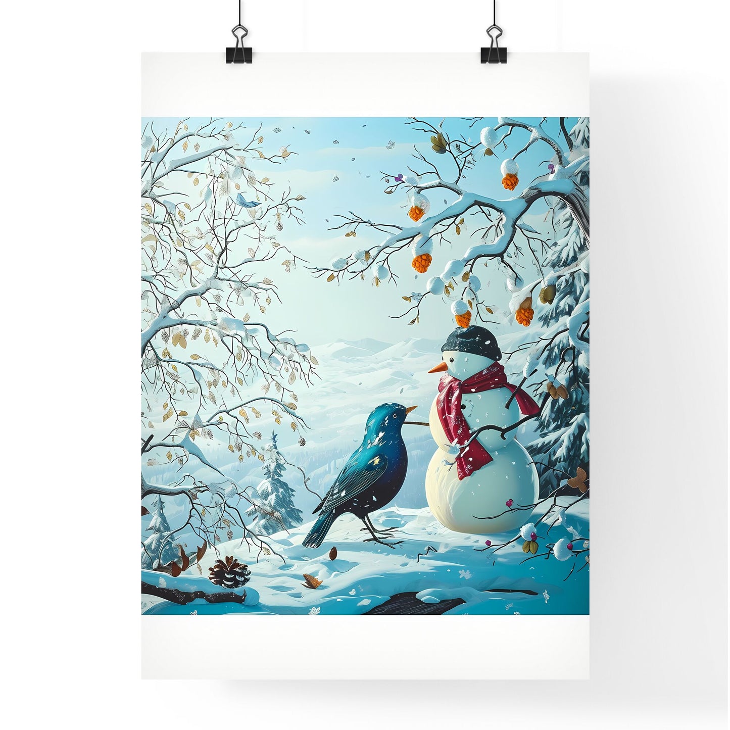 A Poster of snowmen with red scarfs - A Snowman And A Bird In A Snowy Forest Default Title