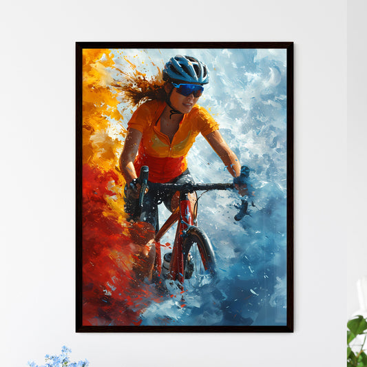 A Poster of an art illustration of a triathlon - A Woman Riding A Bike In A Colorful Explosion Default Title