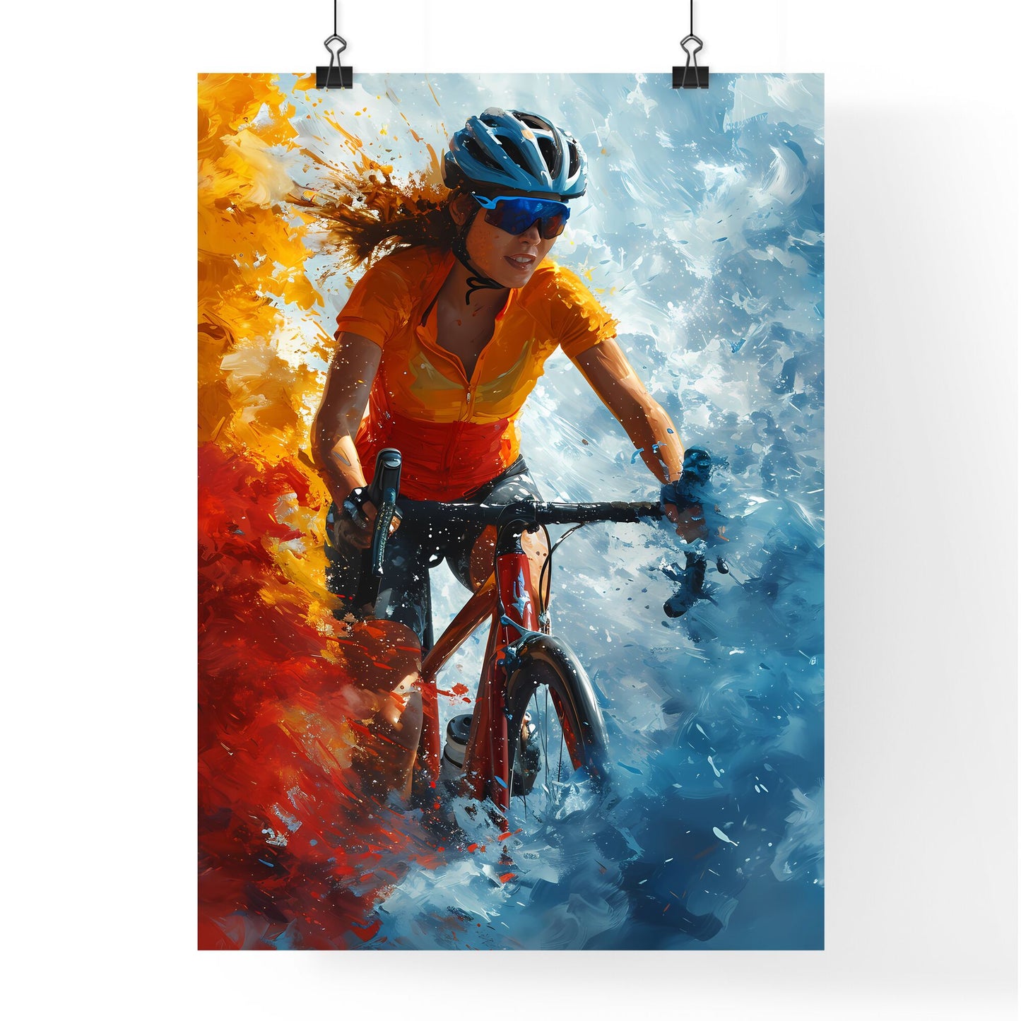 A Poster of an art illustration of a triathlon - A Woman Riding A Bike In A Colorful Explosion Default Title
