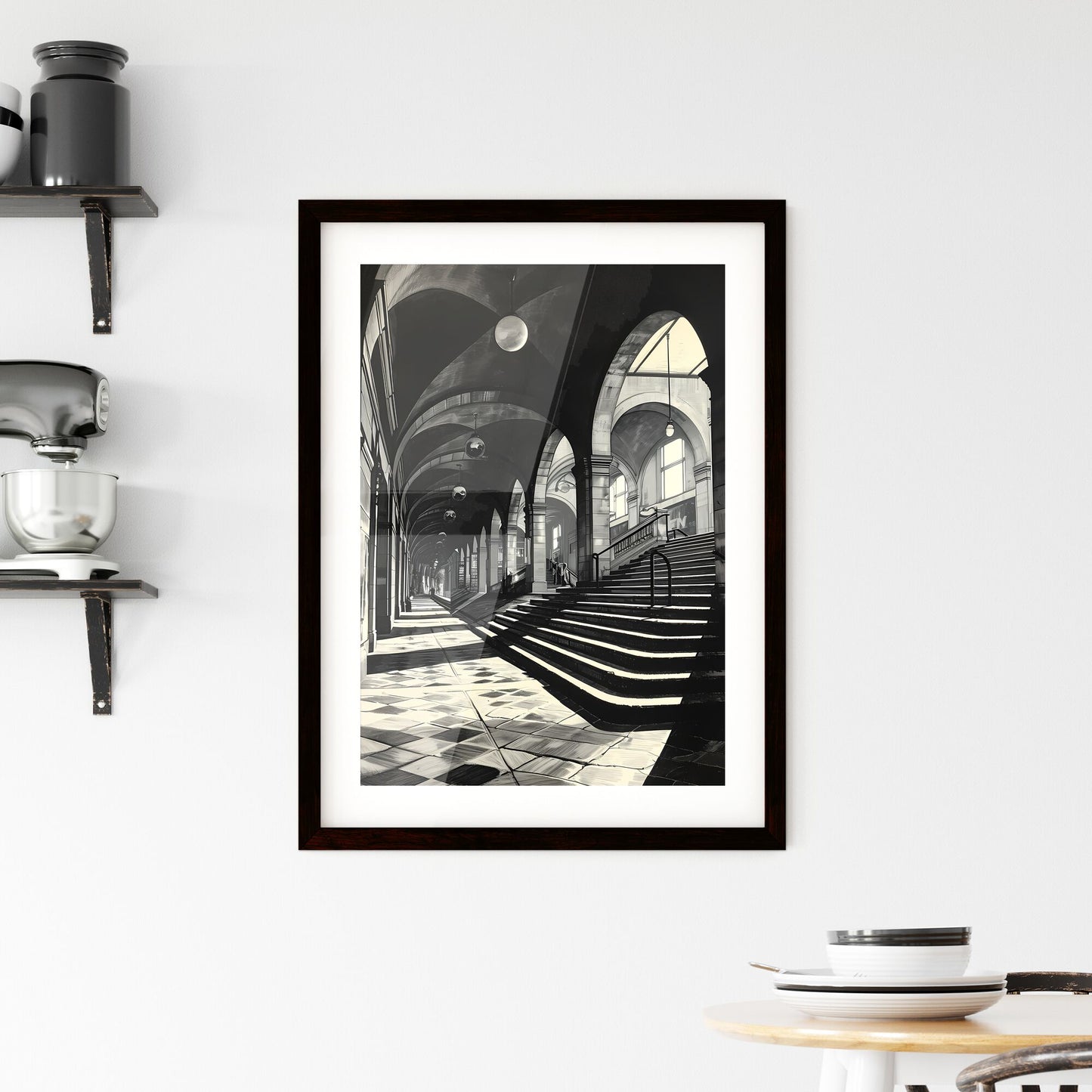A Poster of art deco minimalism - A Black And White Photo Of A Building With A Staircase Default Title