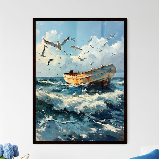 A Poster of Seascapes landscape - A Boat In The Water With Birds Flying Above Default Title