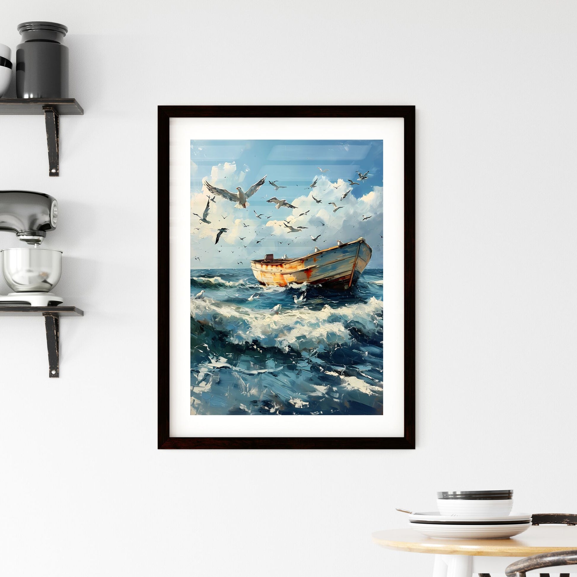 A Poster of Seascapes landscape - A Boat In The Water With Birds Flying Above Default Title