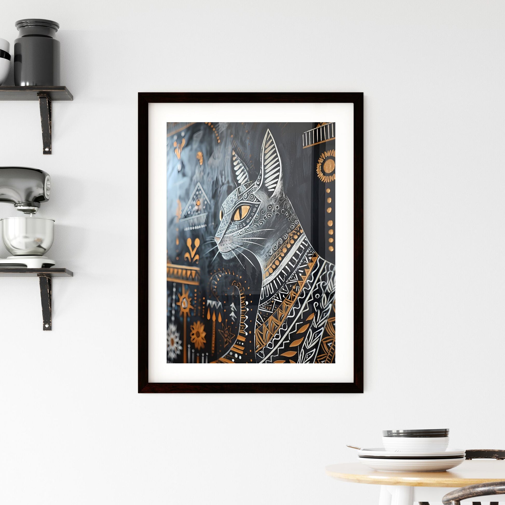 A Poster of linocut cat folk art - A Cat With A Pattern On It Default Title