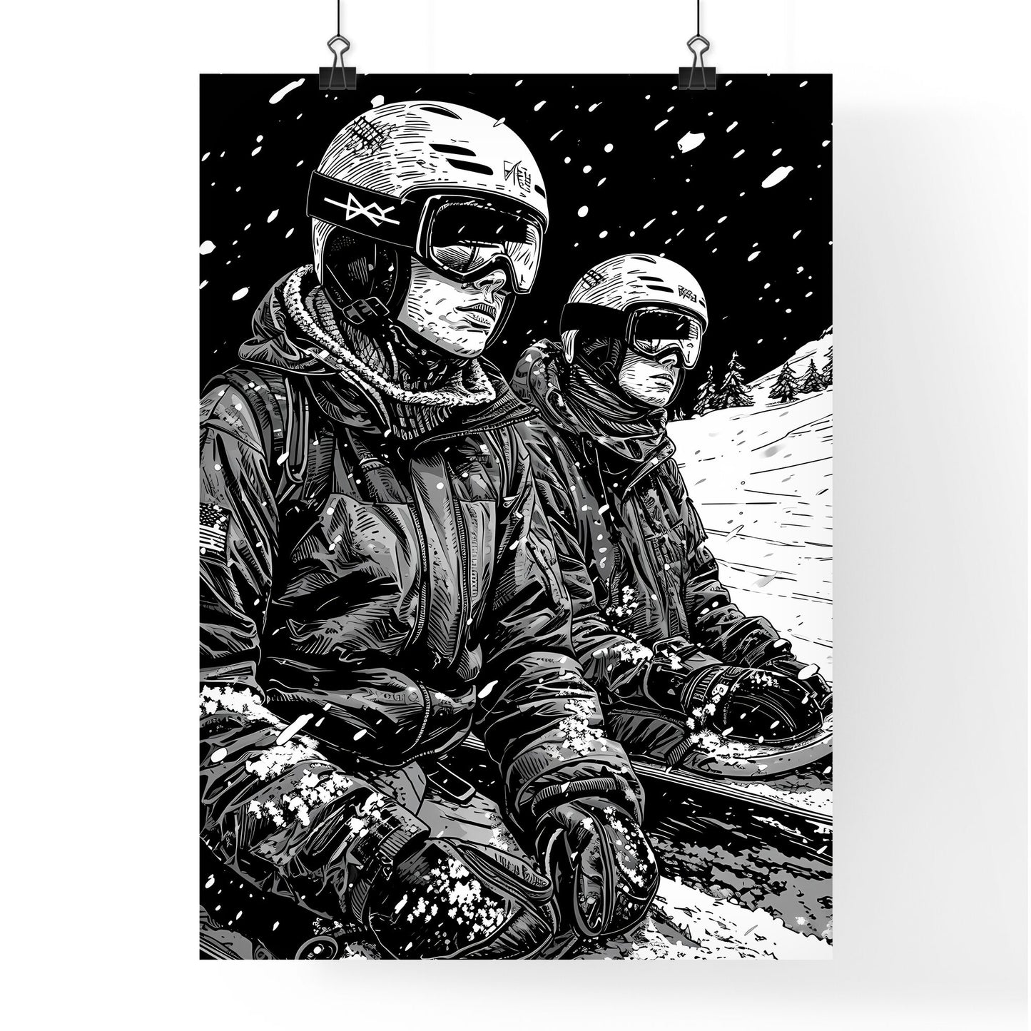 A Poster of coloring page for kids Snowboarding - A Couple Of People Wearing Helmets And Goggles Sitting On Snow Default Title