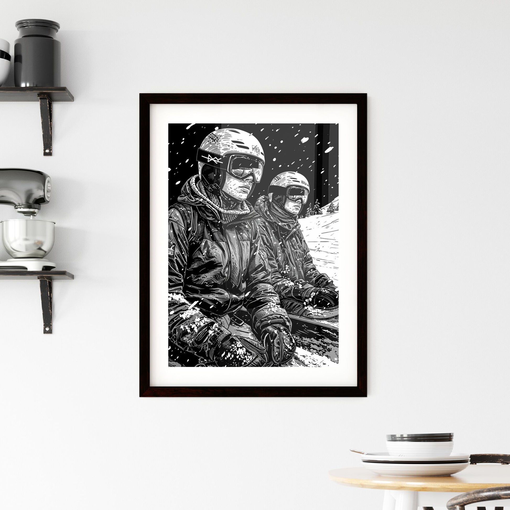 A Poster of coloring page for kids Snowboarding - A Couple Of People Wearing Helmets And Goggles Sitting On Snow Default Title