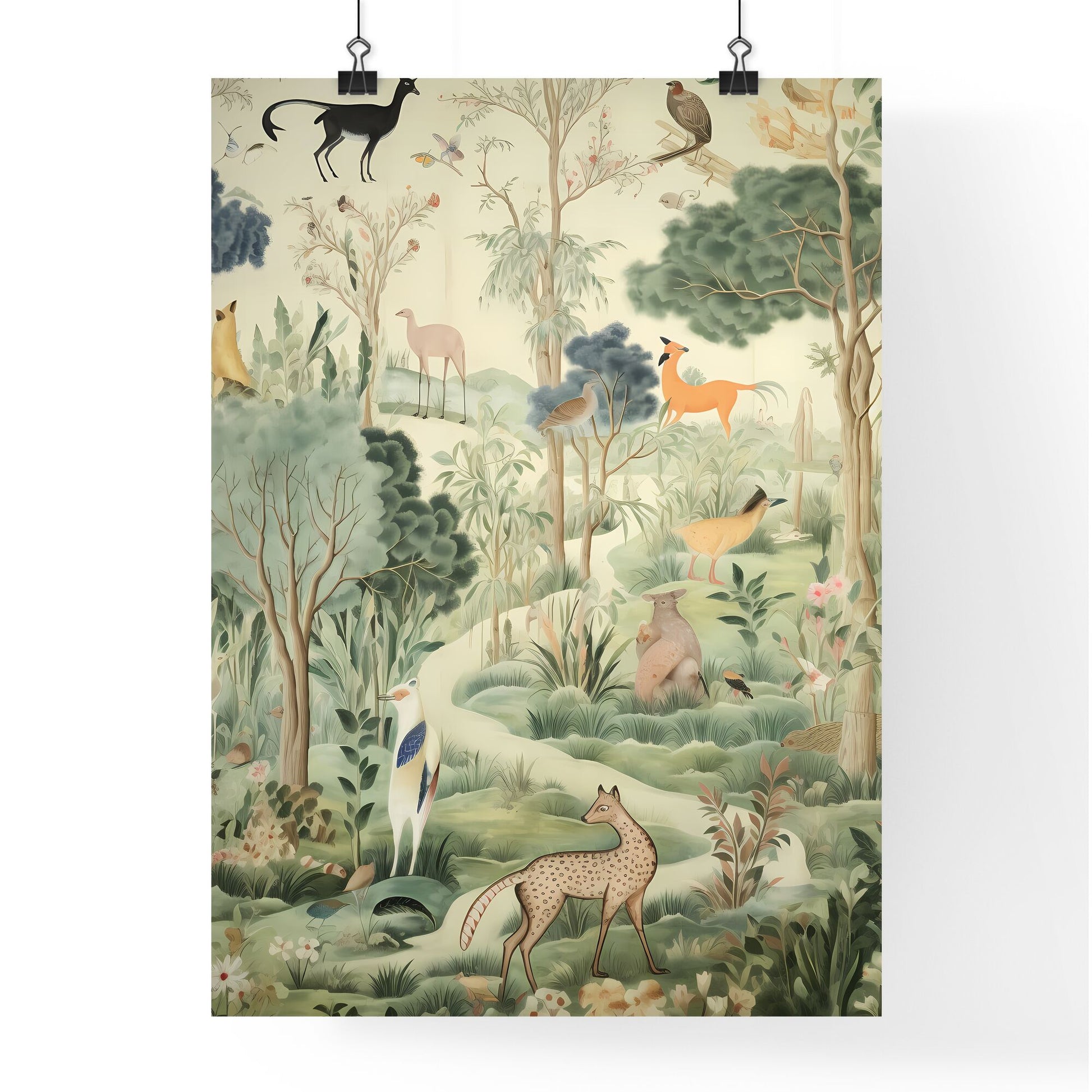 A Poster of the tapestry is green with many animals - A Wallpaper With Animals And Trees Default Title