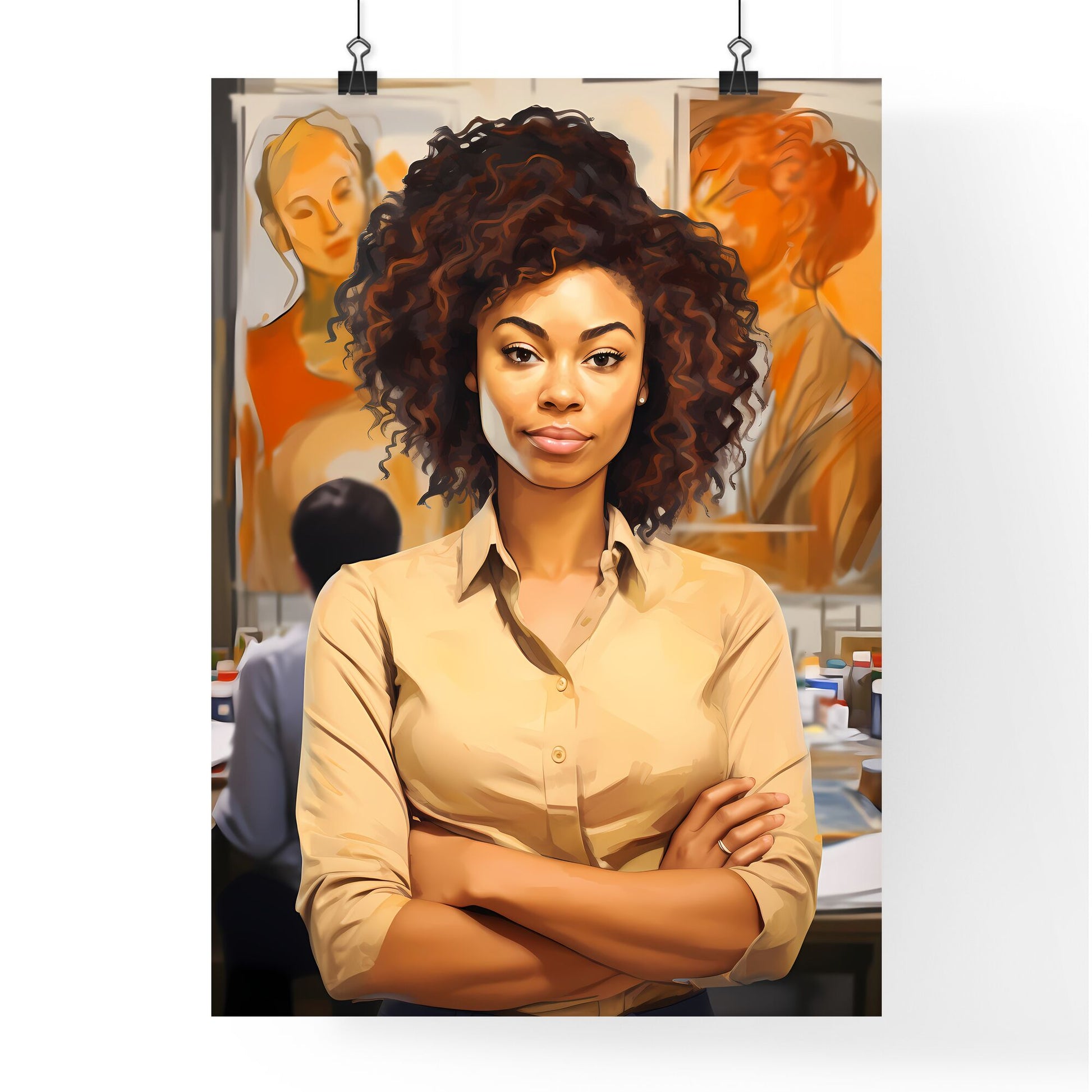 A Poster of Portrait of smiling young african american woman - A Woman With Curly Hair And Arms Crossed Default Title