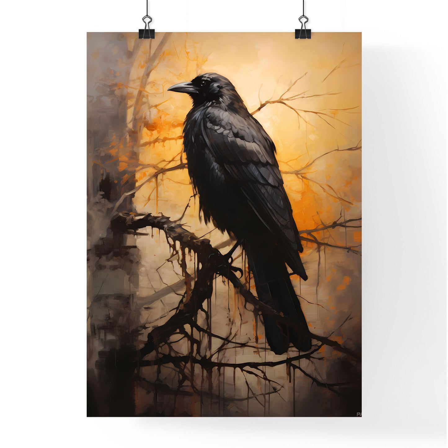 A Poster of A mysterious oil painting with a black crow - A Black Bird Sitting On A Branch Default Title