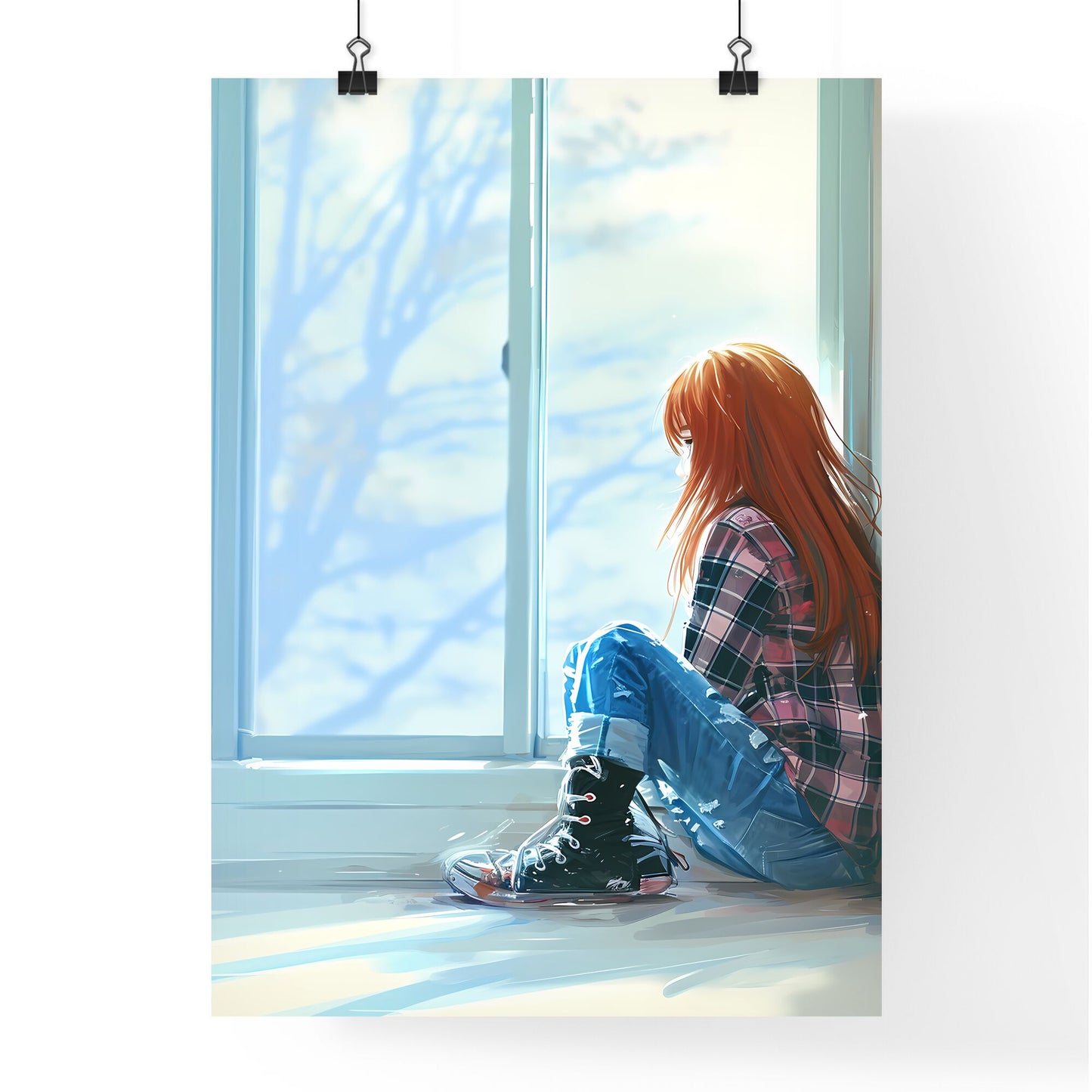 A Poster of pink and blue pastel photomodel - A Girl Sitting On The Floor Looking Out A Window Default Title
