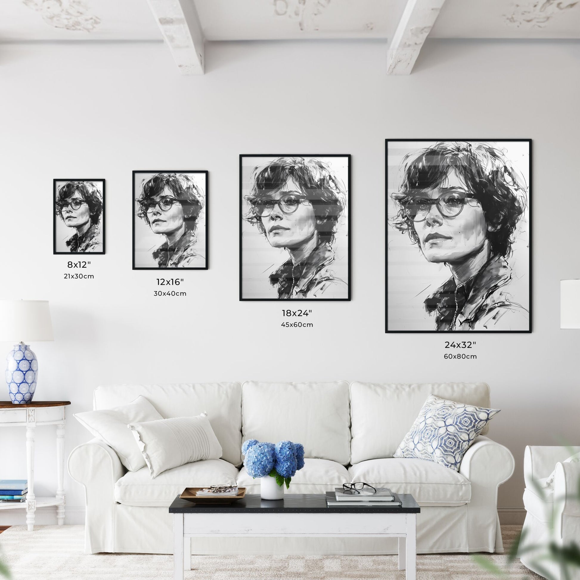 A Poster of ink drawing - A Drawing Of A Woman Wearing Glasses Default Title