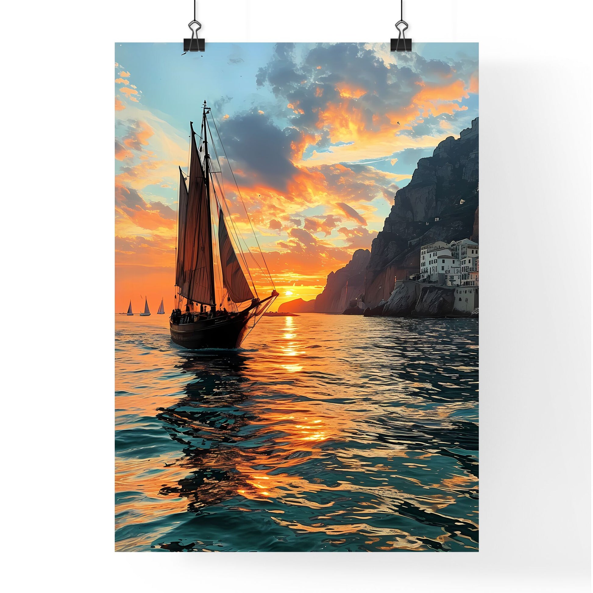 A Poster of fire - A Sailboat On The Water With A Sunset In The Background Default Title