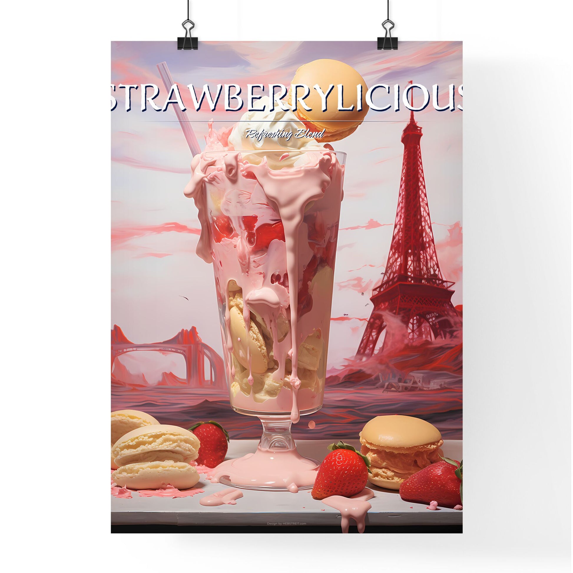 A Poster of strawberry milkshake - A Pink Milkshake With A Straw And A Tower In The Background Default Title