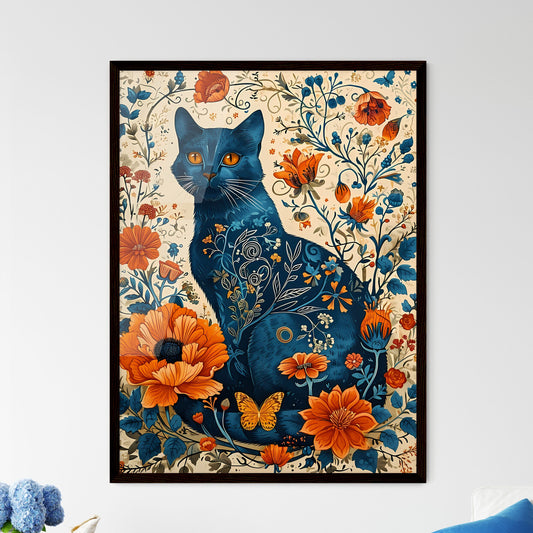 A Poster of linocut cat folk art - A Cat With Flowers And Butterflies Default Title