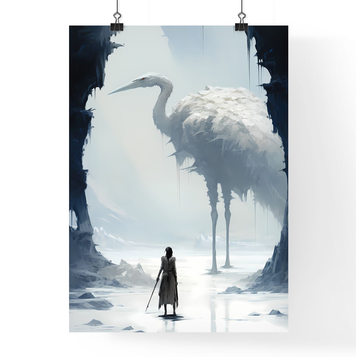 A Poster of A rider on a large ostrich - A Woman Looking At A Large White Bird Default Title