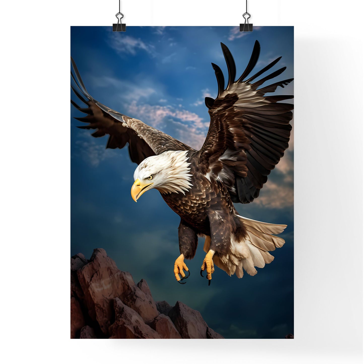 A Poster of An eagle flying upward - A Bald Eagle Flying In The Sky Default Title