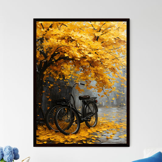 A Poster of an oil painting of a bicycle against a yellow tree - A Bicycle Parked Under A Tree With Yellow Leaves Default Title