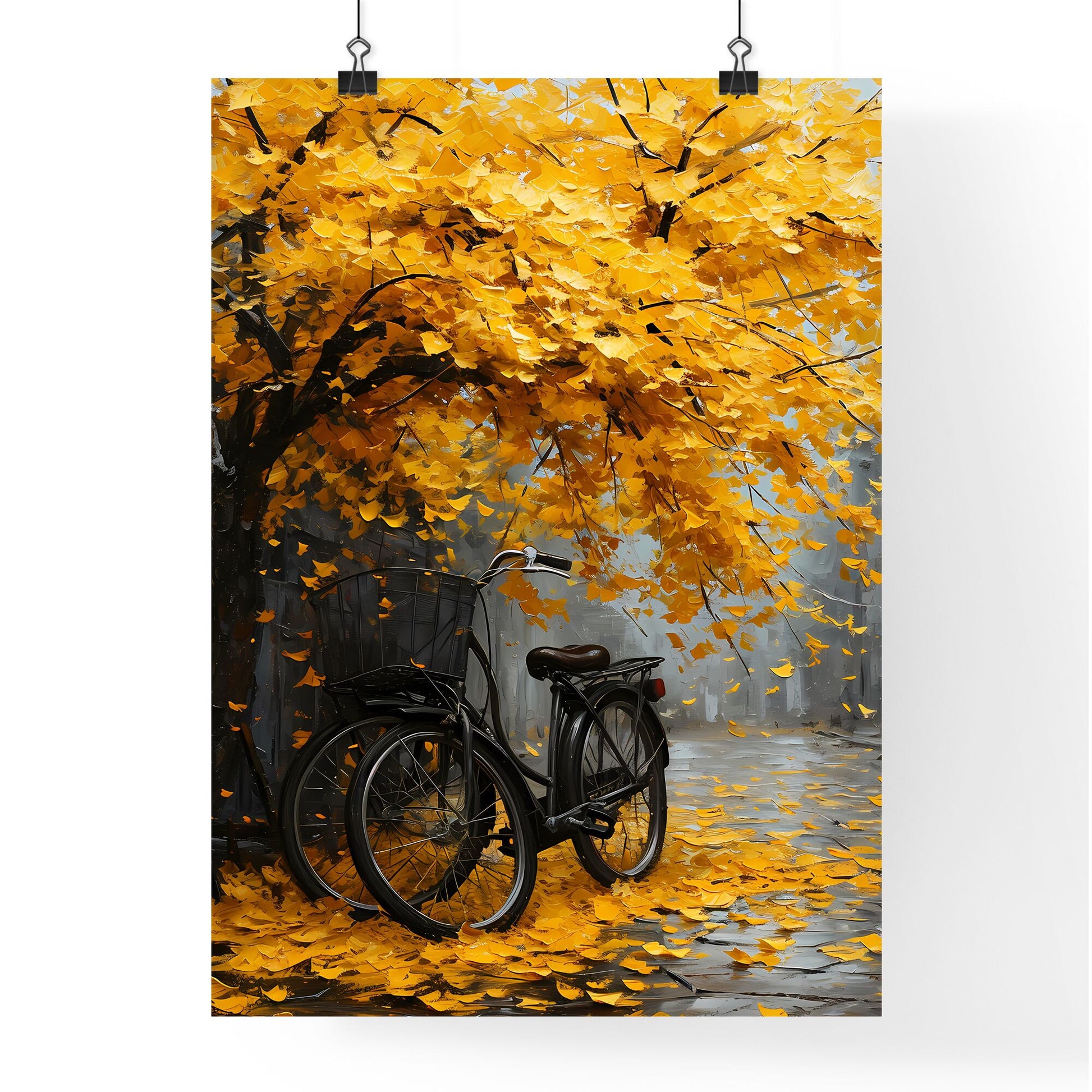 A Poster of an oil painting of a bicycle against a yellow tree - A Bicycle Parked Under A Tree With Yellow Leaves Default Title
