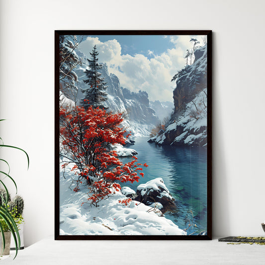 A Poster of Mountains landscape - A Snowy Mountain River With Trees And A Red Tree Default Title