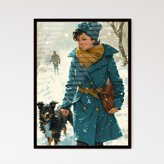 A Poster of a girl is walking with a black dog - A Woman Walking A Dog In The Snow Default Title