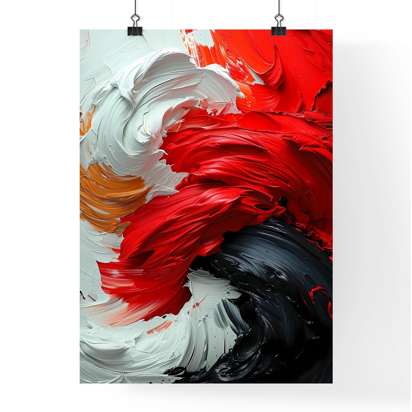 A Poster of a black canvas with white and red stripes - A Close Up Of A Painting Default Title