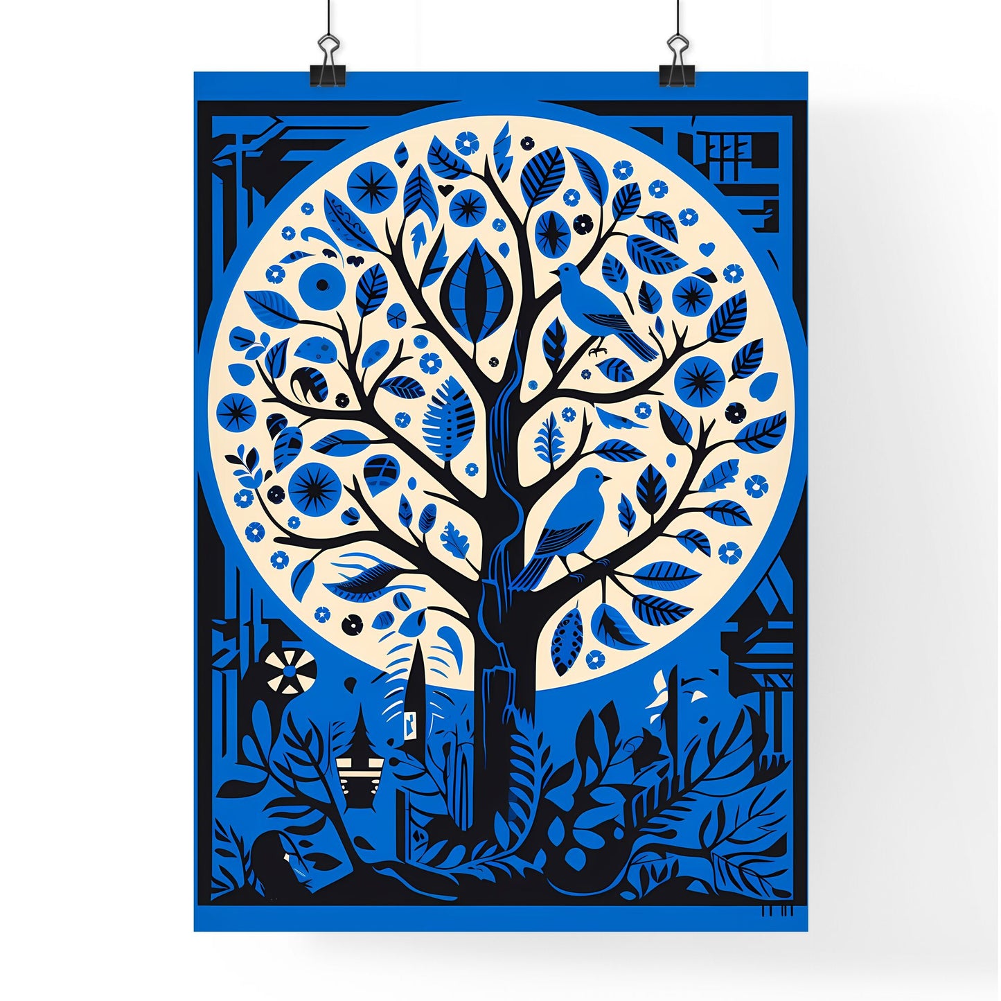 A Poster of electric blue Israel - A Blue And White Tree With Birds Default Title