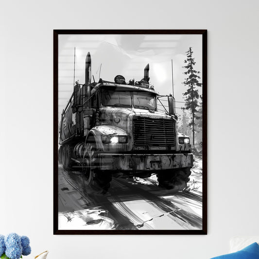 A Poster of super monster truck race coloring page for kids - A Black And White Image Of A Truck Driving On A Snowy Road Default Title