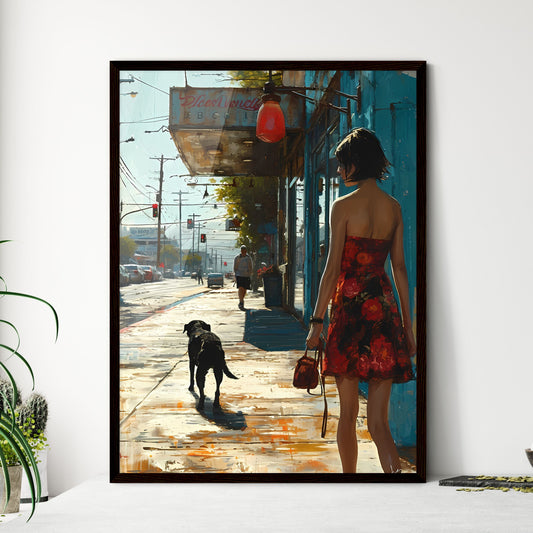 A Poster of a girl is walking with a black dog - A Woman Walking A Dog On A Sidewalk Default Title