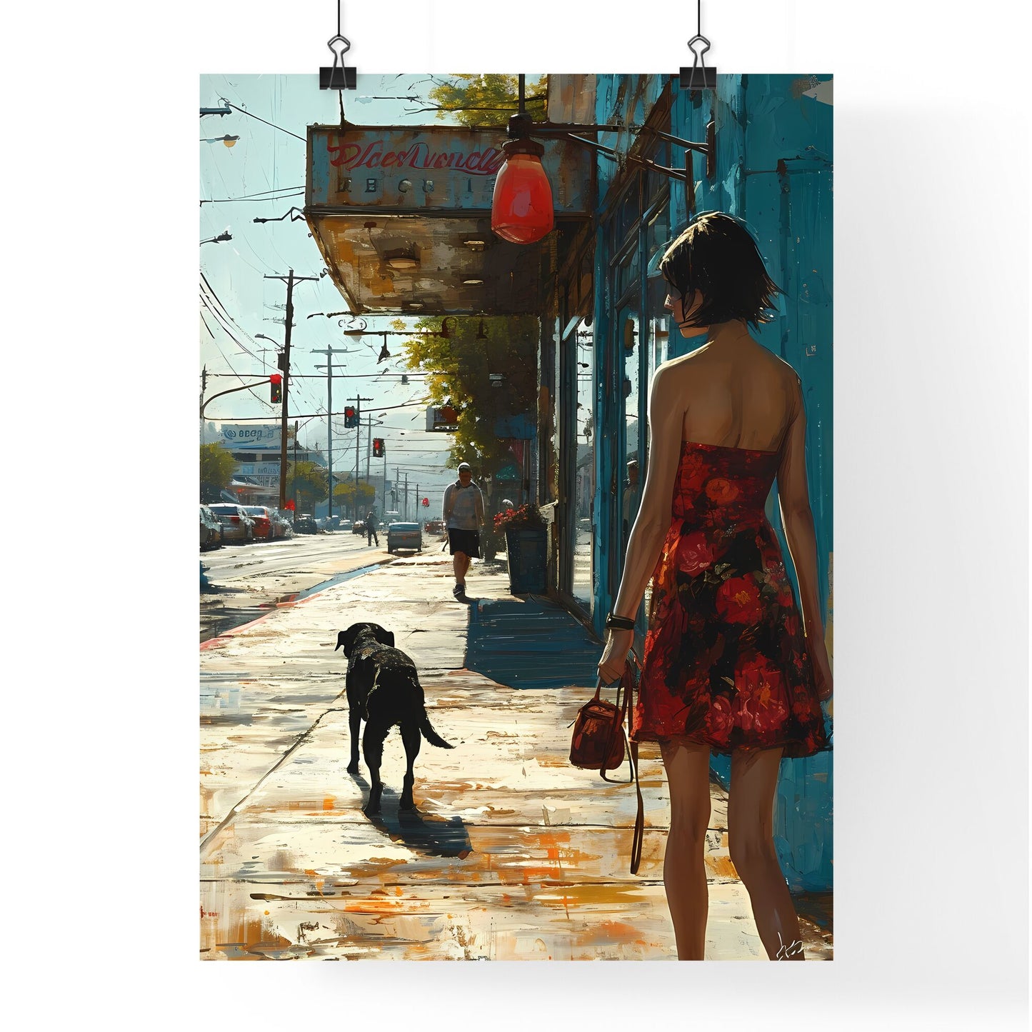 A Poster of a girl is walking with a black dog - A Woman Walking A Dog On A Sidewalk Default Title