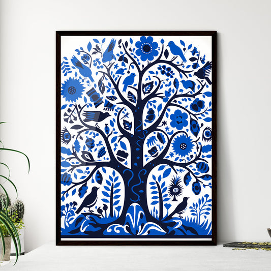 A Poster of silkscreened stencil - A Blue And White Tree With Birds And Flowers Default Title