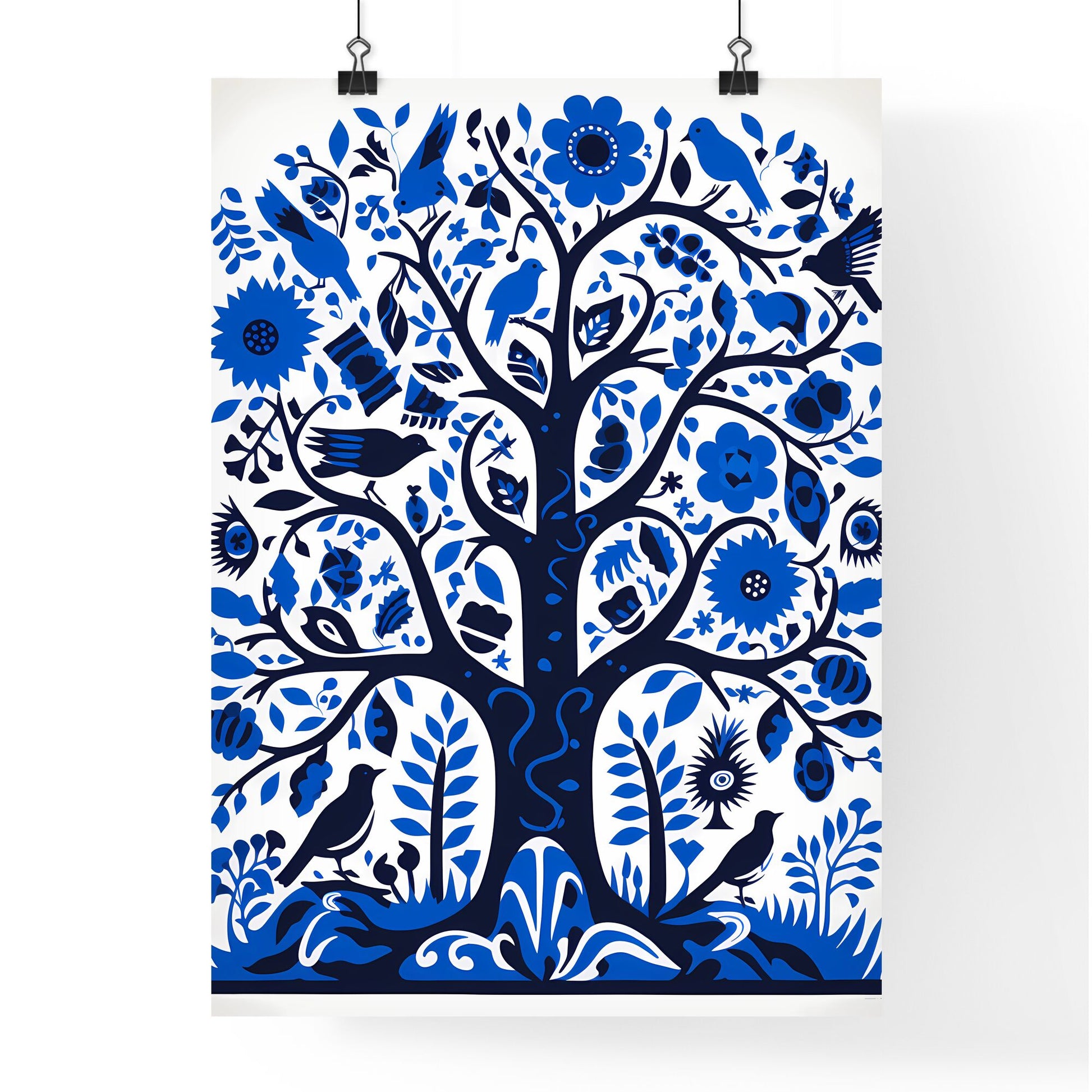 A Poster of silkscreened stencil - A Blue And White Tree With Birds And Flowers Default Title