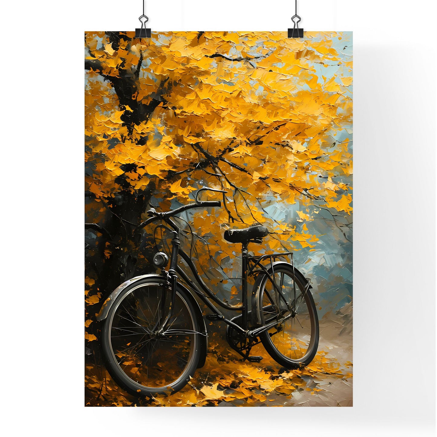 A Poster of an oil painting of a bicycle against a yellow tree - A Bicycle Parked Next To A Tree Default Title