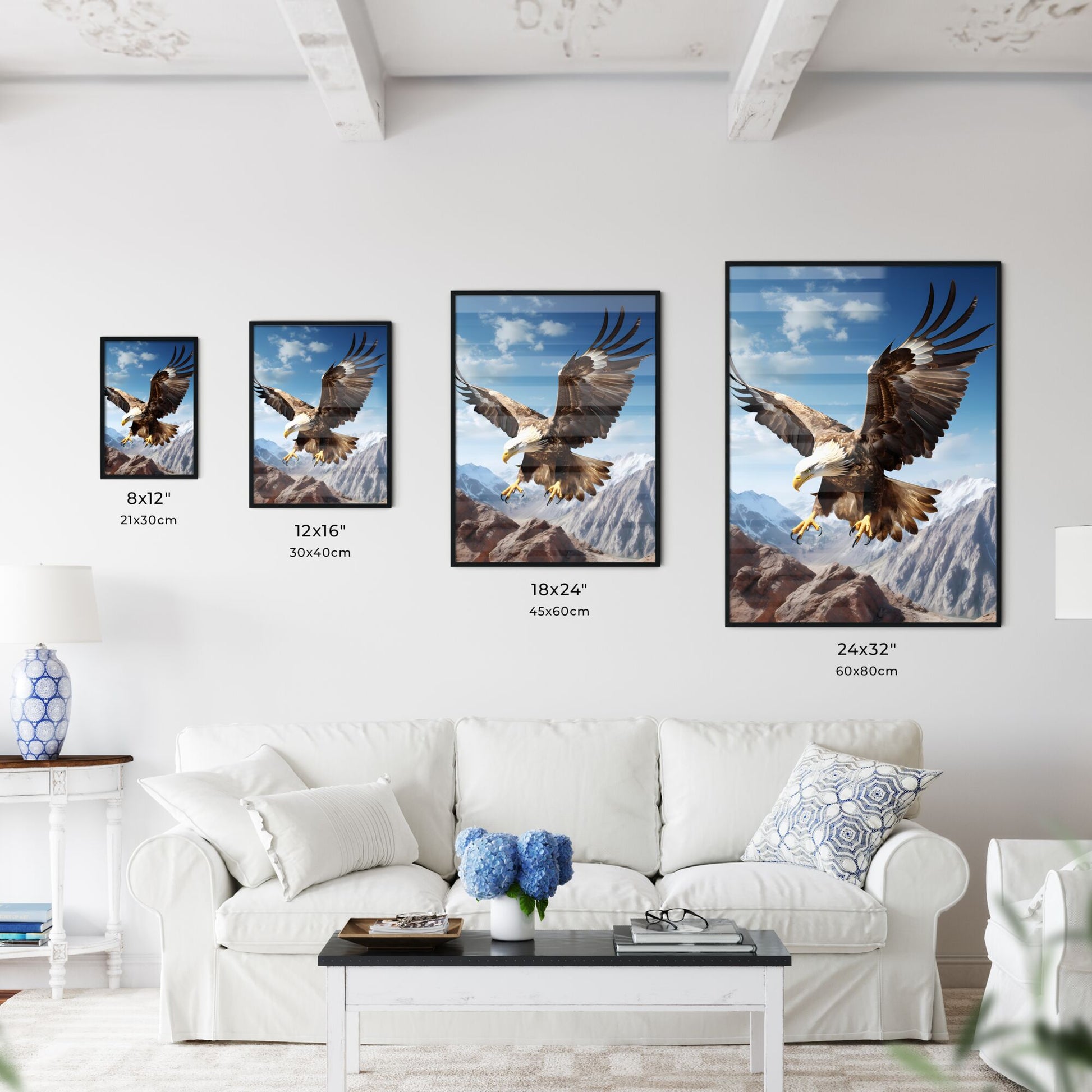 A Poster of An eagle flying upward - A Bald Eagle Flying Over Mountains Default Title