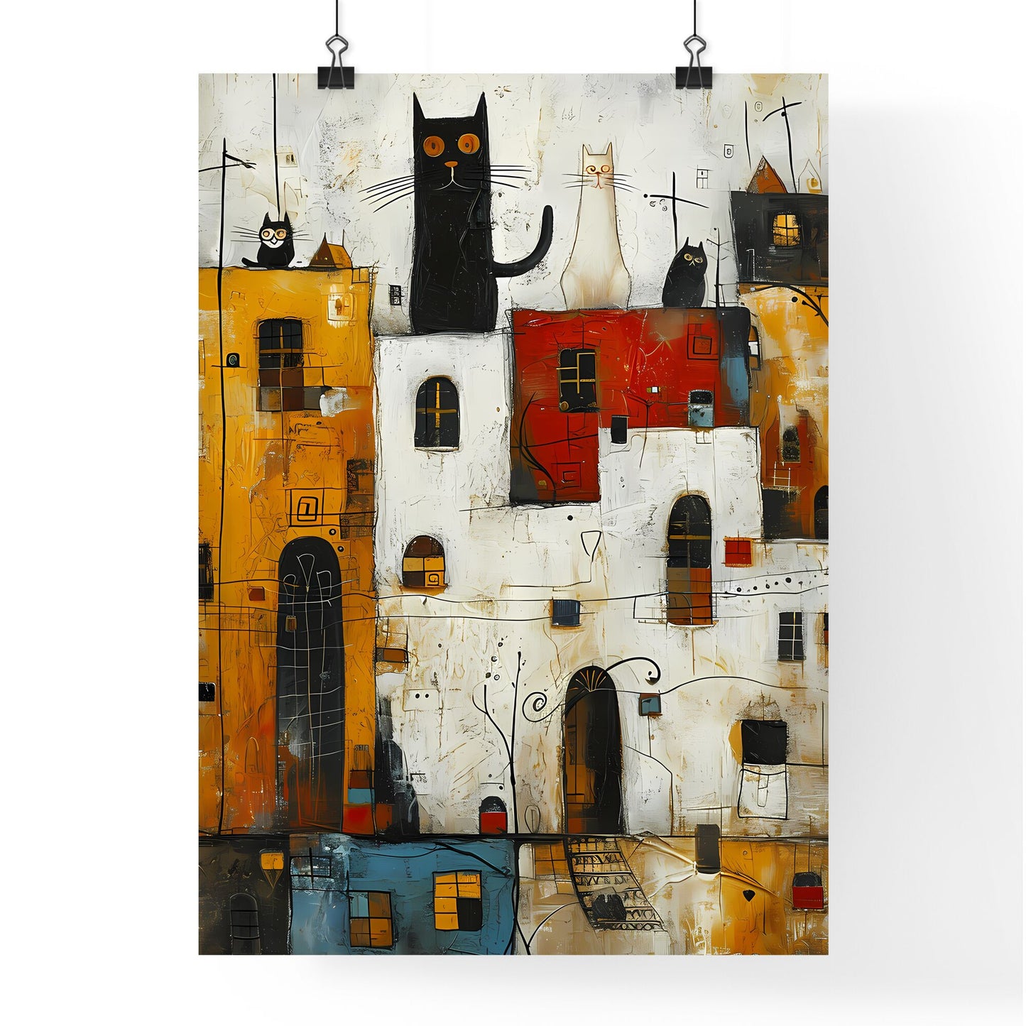 A Poster of cats eclectic squares on a white background - A Painting Of A City With Cats On It Default Title