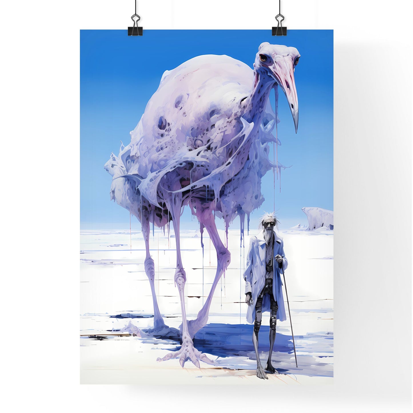 A Poster of A rider on a large ostrich - A Man Standing Next To A Large Bird Default Title