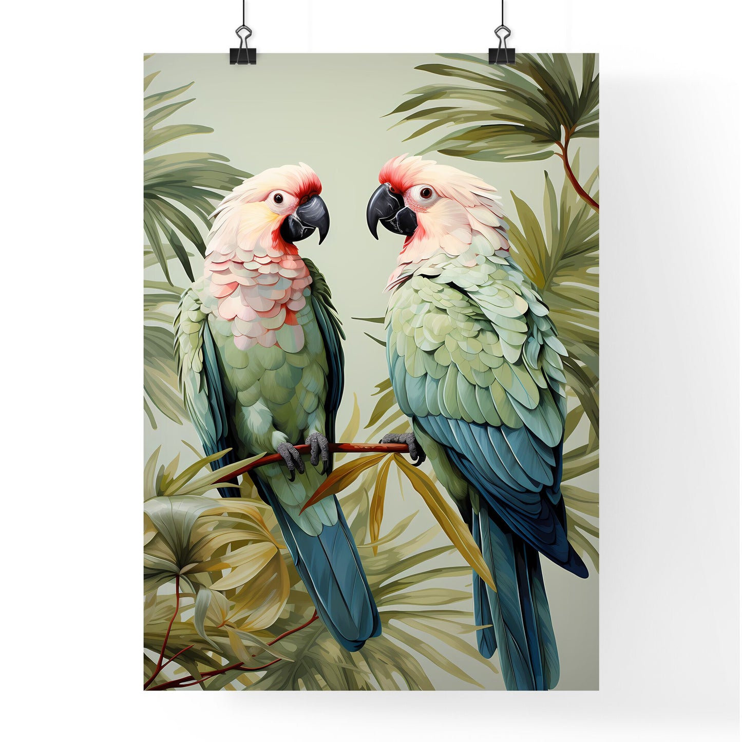 A Poster of green palm leaves - Two Birds Sitting On A Branch Default Title