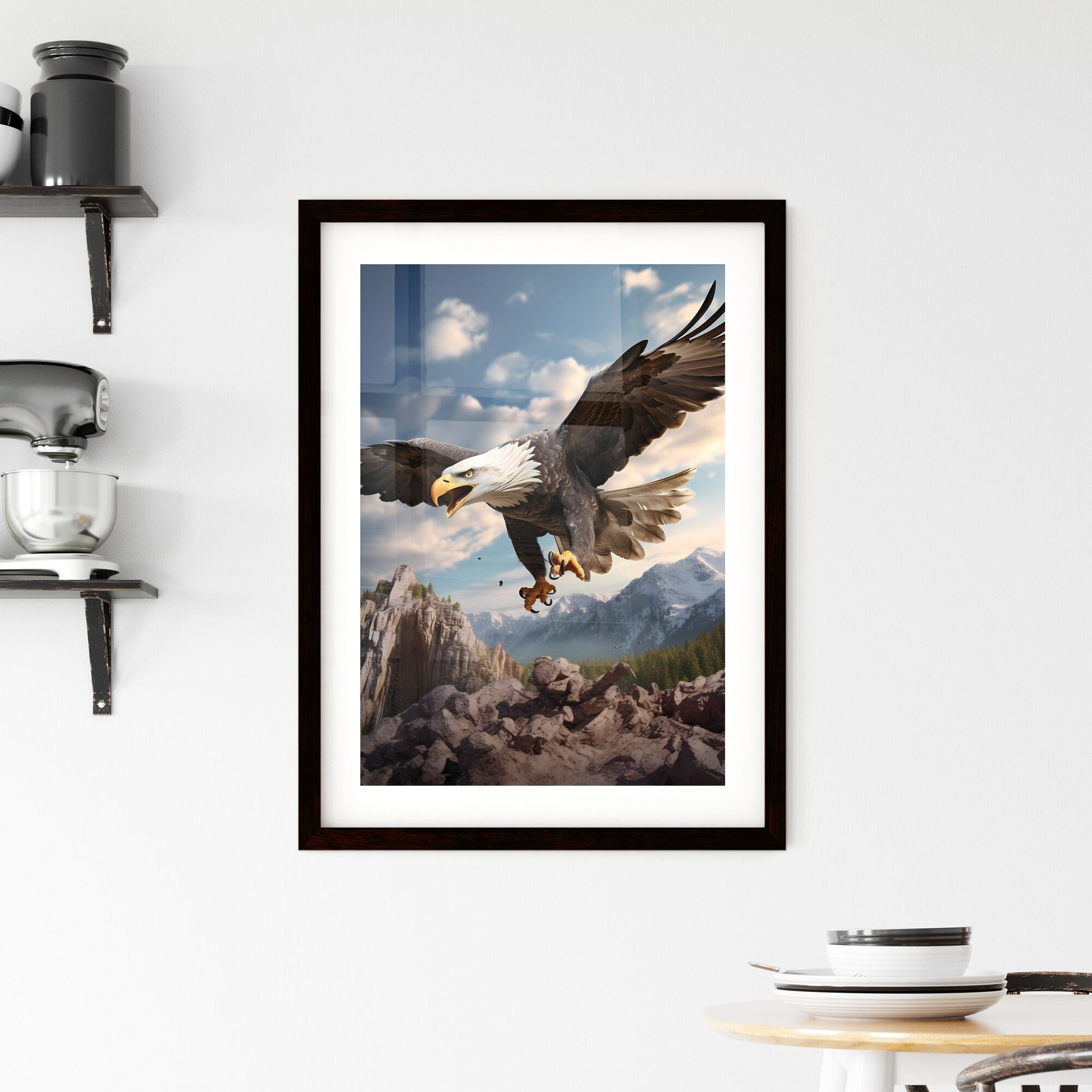 A Poster of An eagle flying upward - A Bald Eagle Flying Over Rocks Default Title