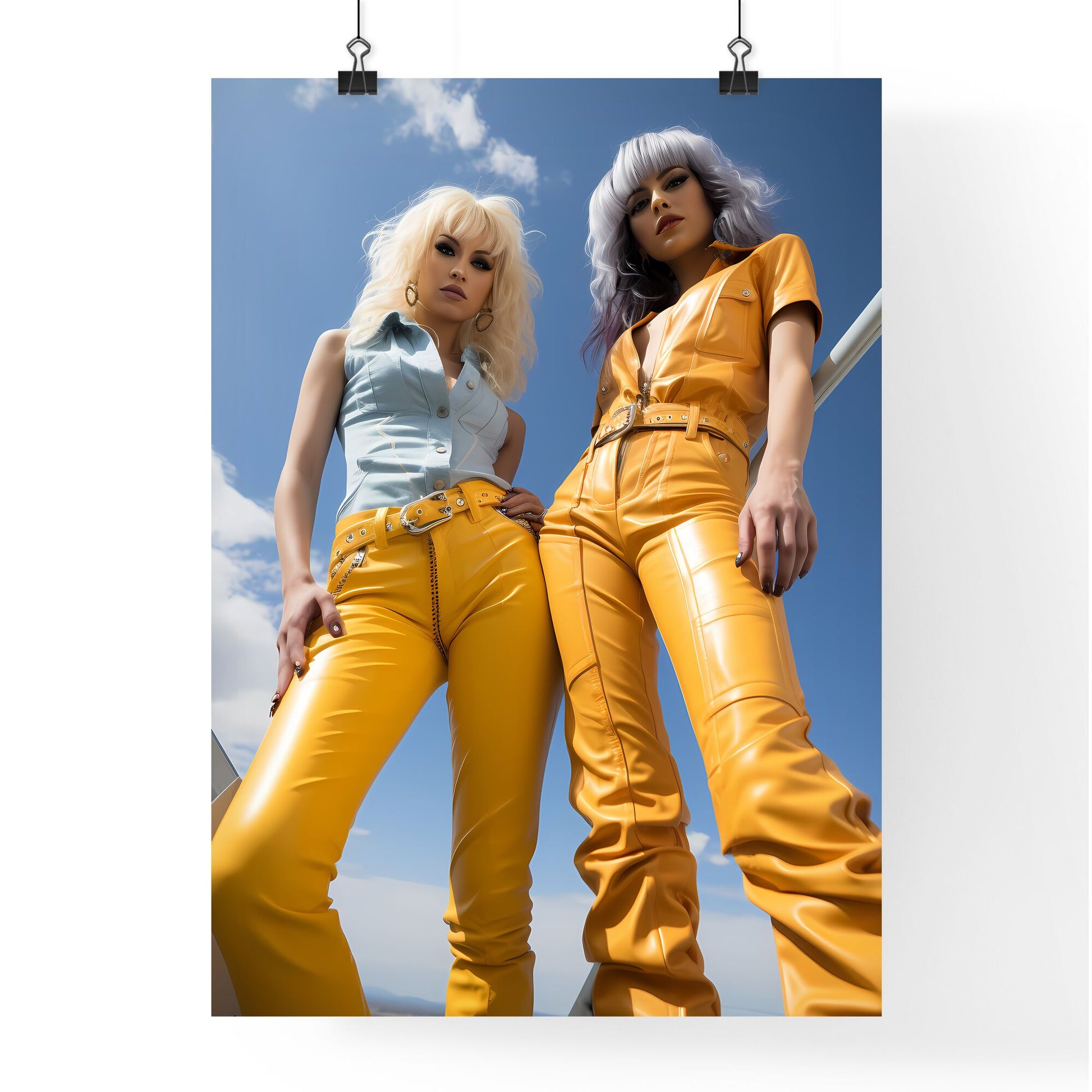 A Poster of young 30 years old woman - Two Women Wearing Yellow Leather Overalls And Blue Sky Default Title