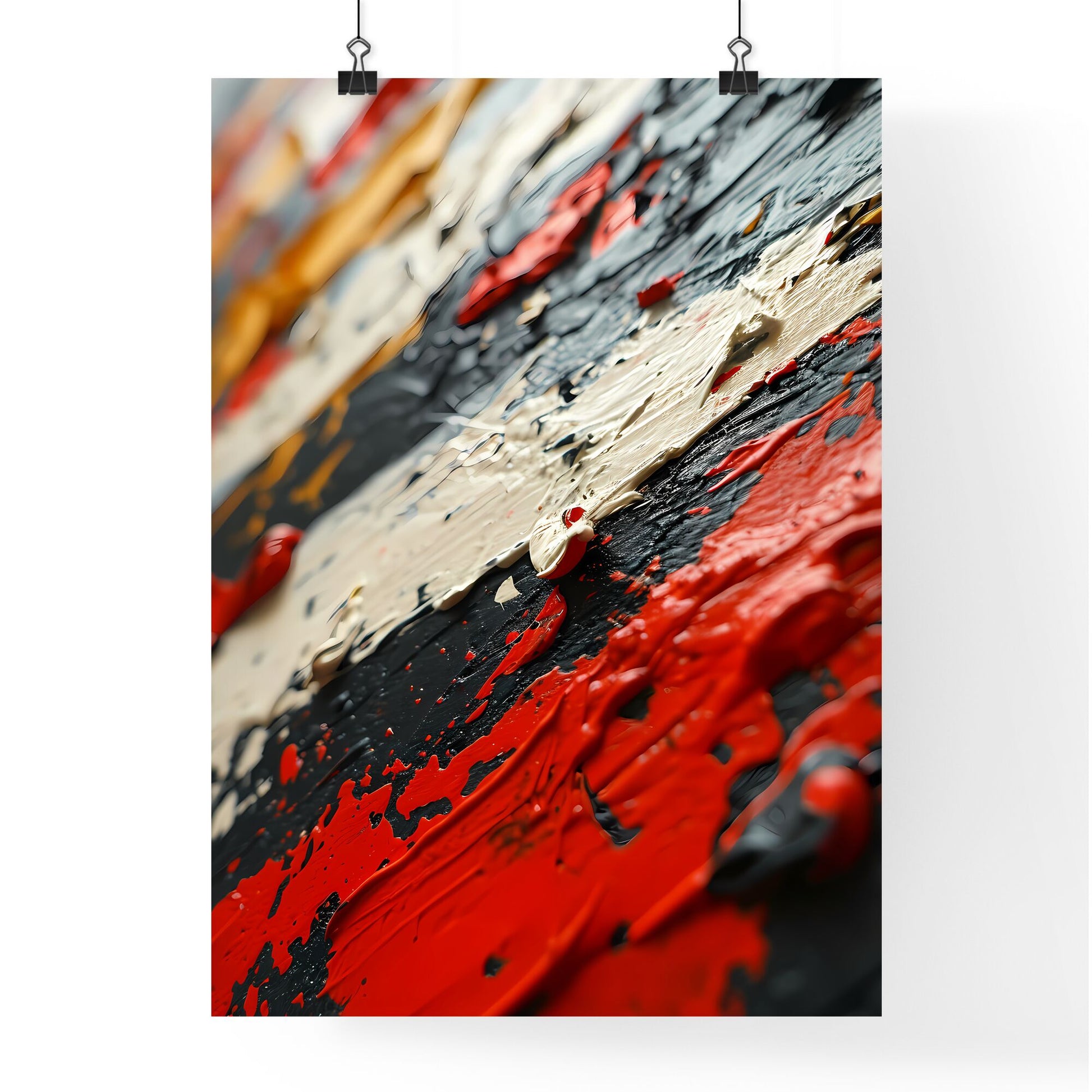 A Poster of a black canvas with white and red stripes - A Close Up Of A Painting Default Title
