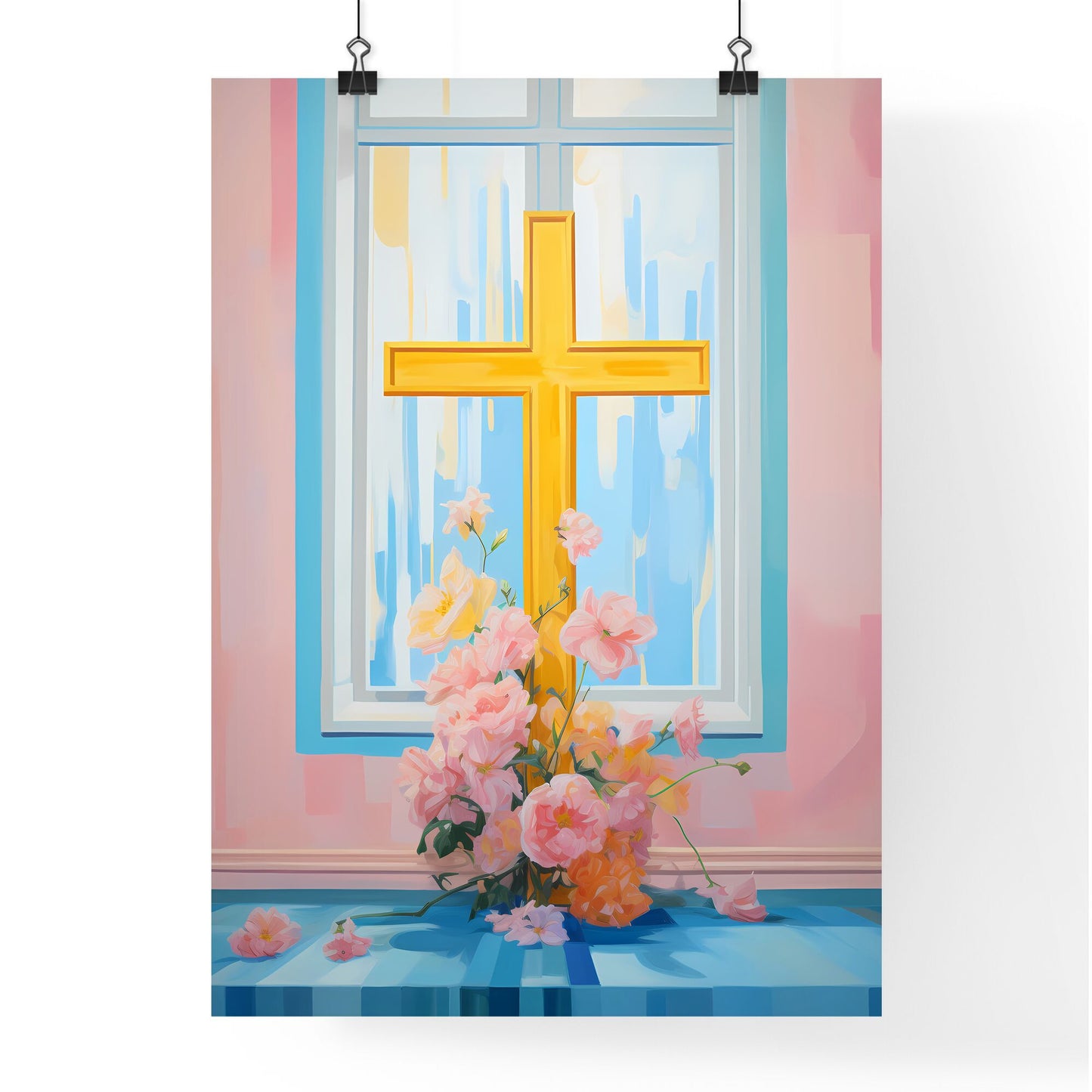 A Poster of a painting of a cross - A Painting Of A Cross And Flowers Default Title