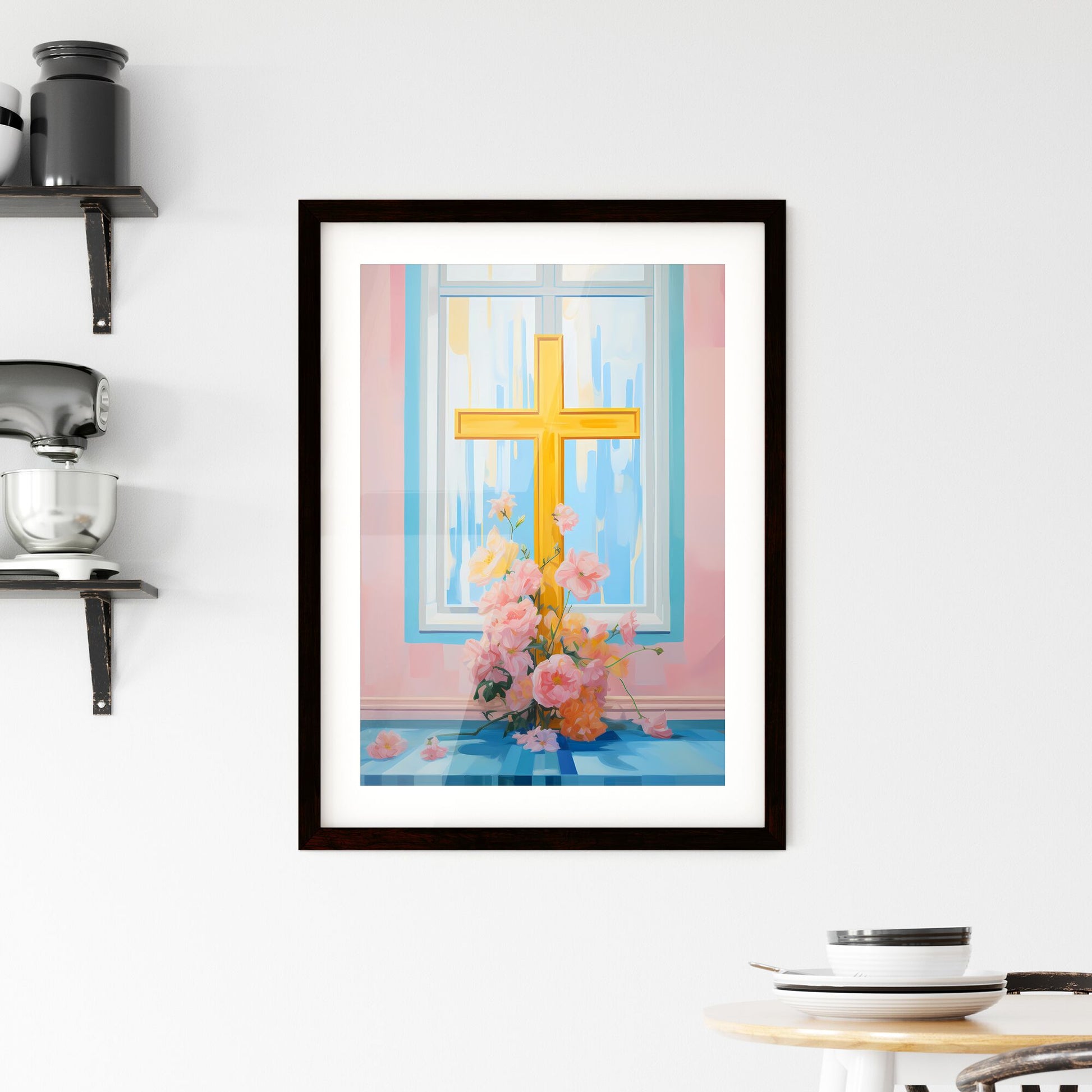 A Poster of a painting of a cross - A Painting Of A Cross And Flowers Default Title
