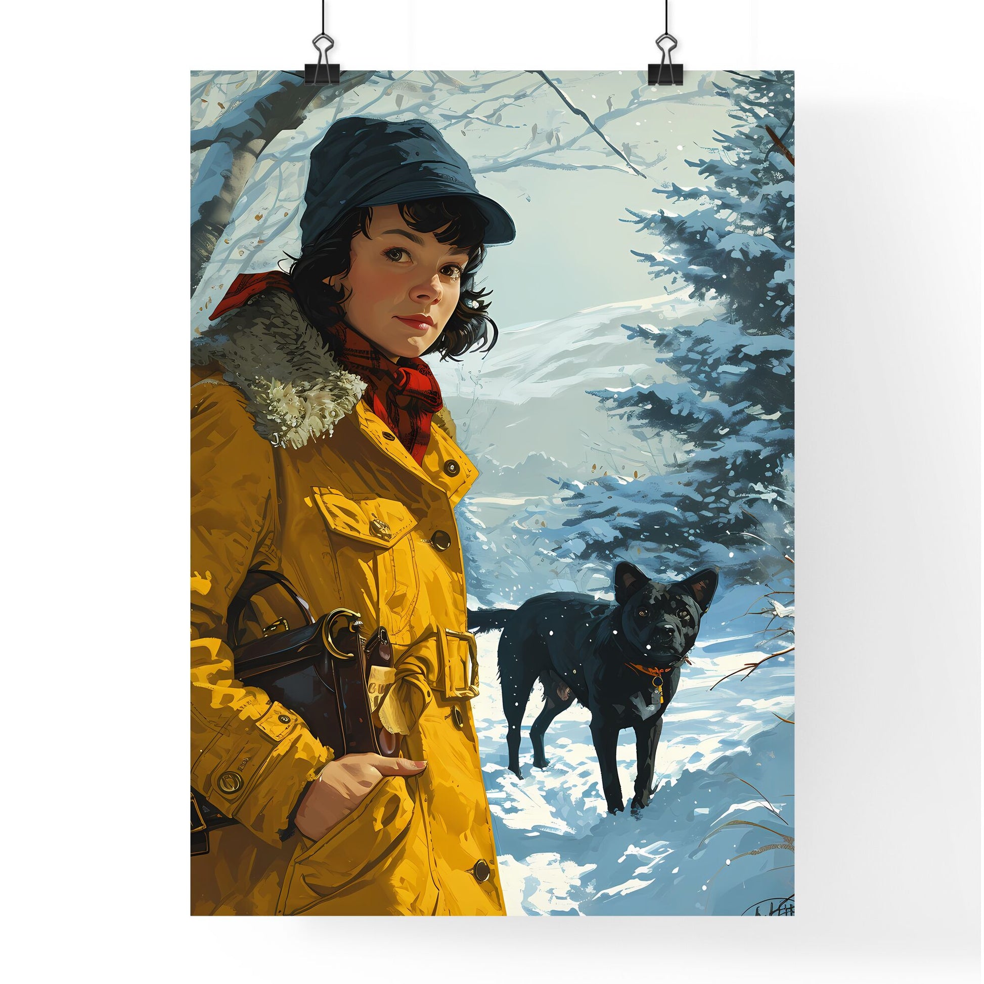 A Poster of a girl is walking with a black dog - A Woman In A Yellow Coat With A Black Dog In The Snow Default Title