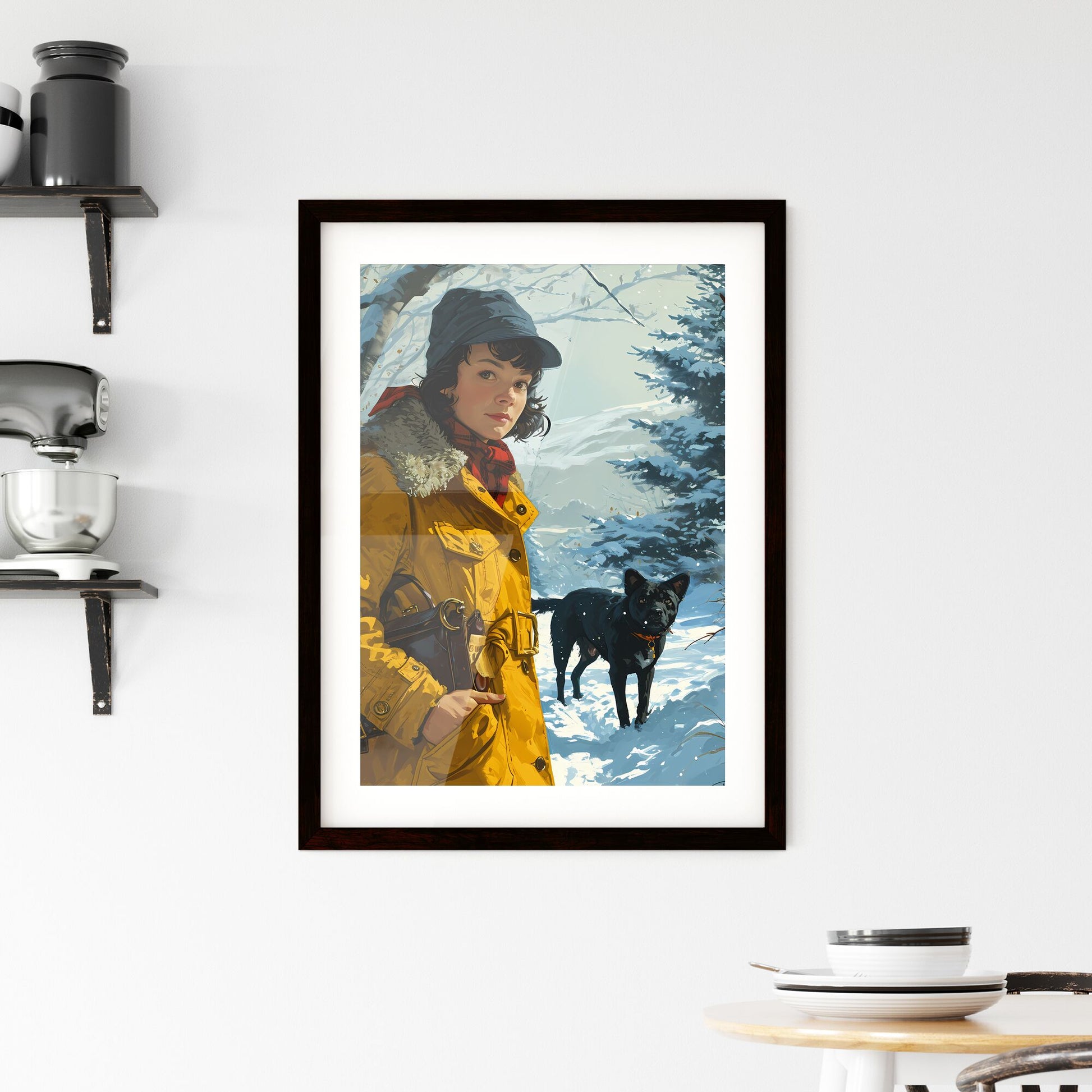 A Poster of a girl is walking with a black dog - A Woman In A Yellow Coat With A Black Dog In The Snow Default Title