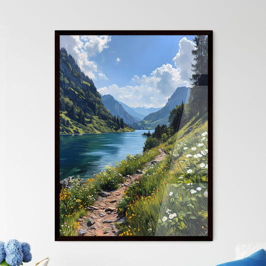 A Poster of Mountains landscape - A Lake With Flowers And Mountains In The Background Default Title