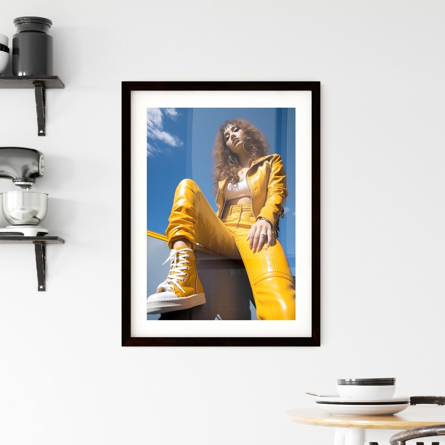 A Poster of young 30 years old woman - A Woman Sitting On A Ledge Wearing Yellow Leather Pants And A Yellow Jacket Default Title