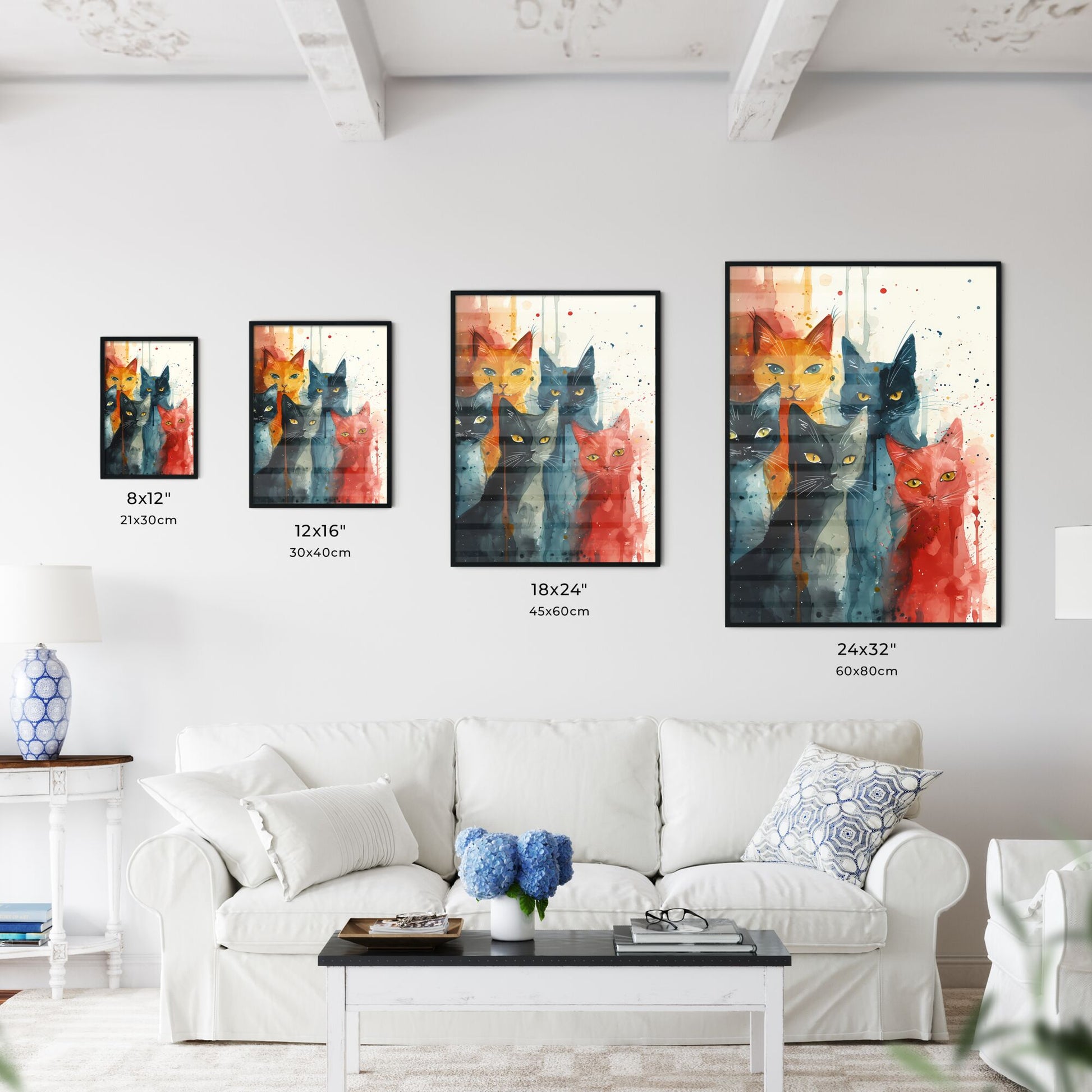 A Poster of cats eclectic squares on a white background - A Group Of Cats With Watercolor Paint Default Title