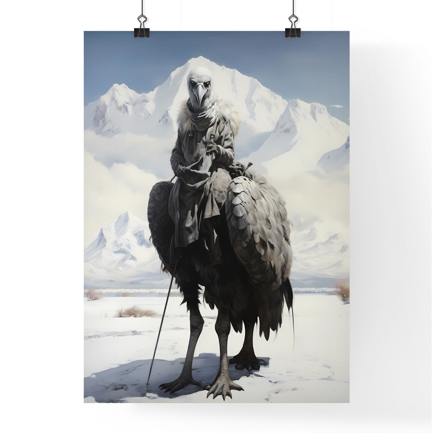A Poster of A rider on a large ostrich - A Person Riding A Bird With A Large Bird Head Default Title