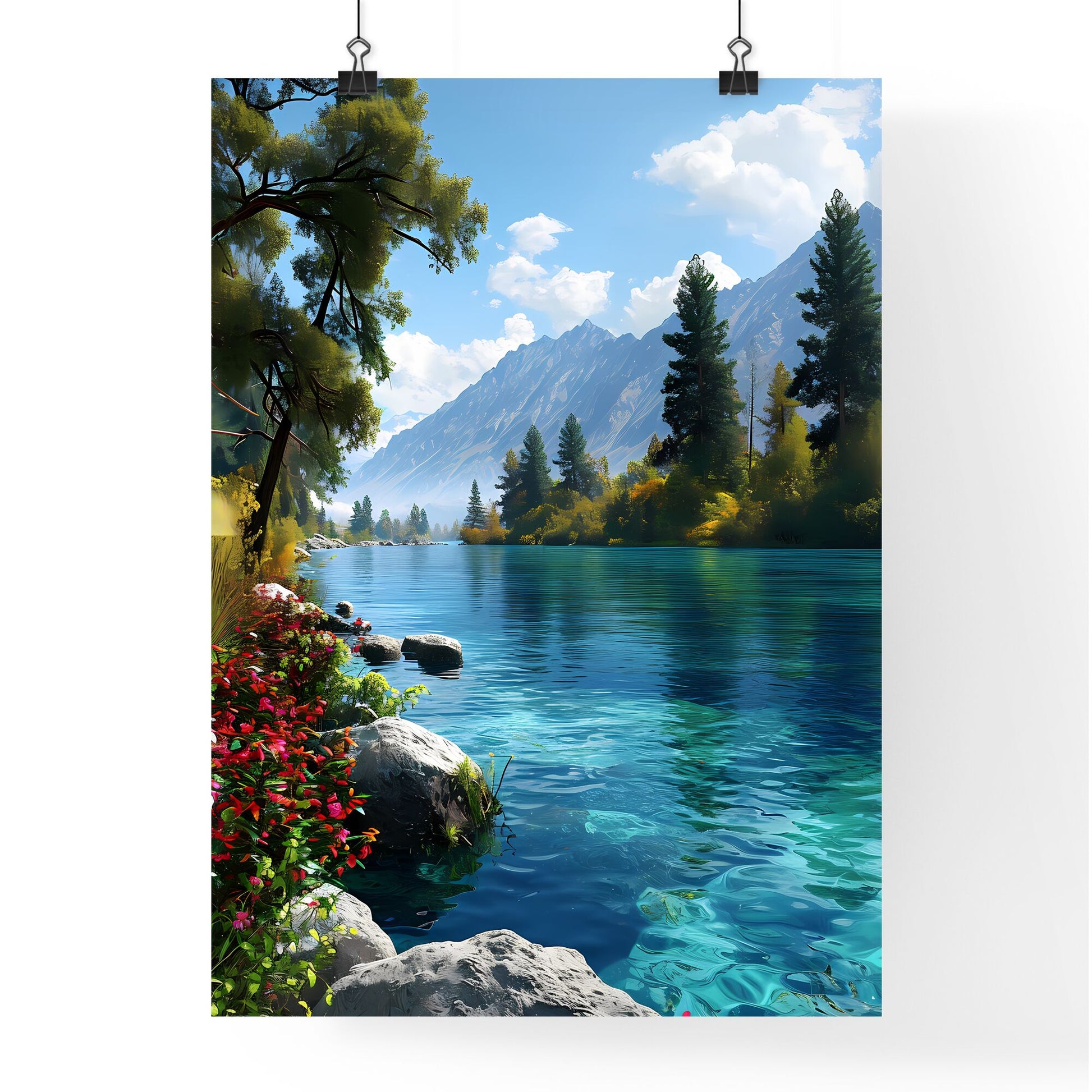 A Poster of Colorado Springs Art Sketch with clear blue Background - A Lake Surrounded By Trees And Mountains Default Title