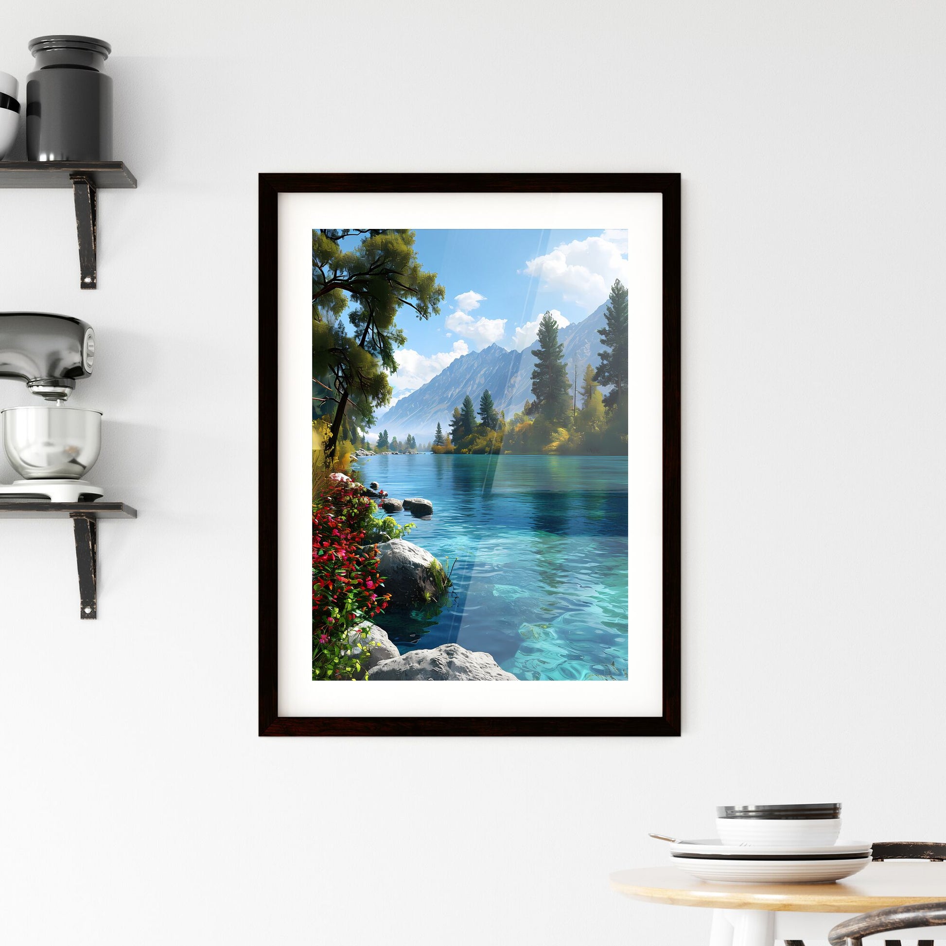 A Poster of Colorado Springs Art Sketch with clear blue Background - A Lake Surrounded By Trees And Mountains Default Title